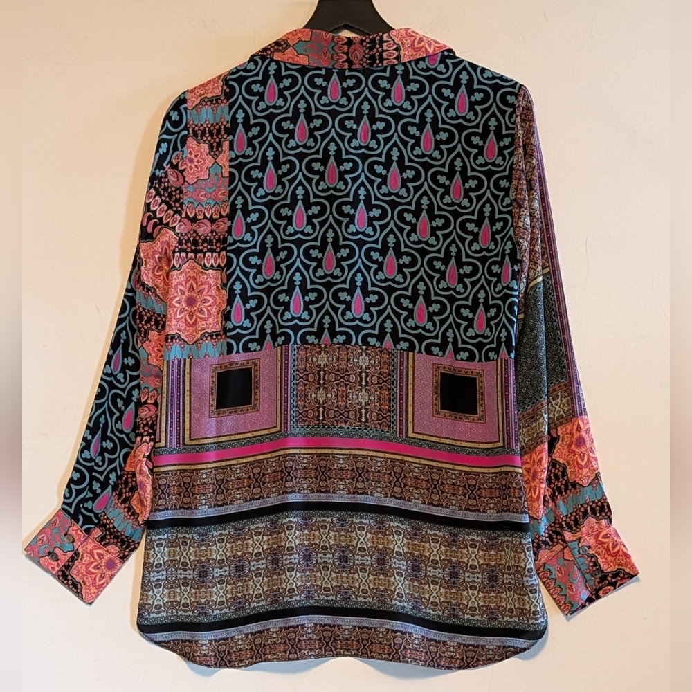 Rose + Olive M Boho Patchwork Button Front Blouse Teal Coral Print Artsy Resort - Picture 6 of 6